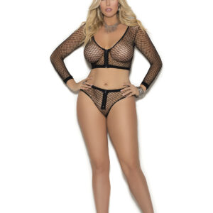 Long sleeve fence net cami top with zip front and matching booty shorts.